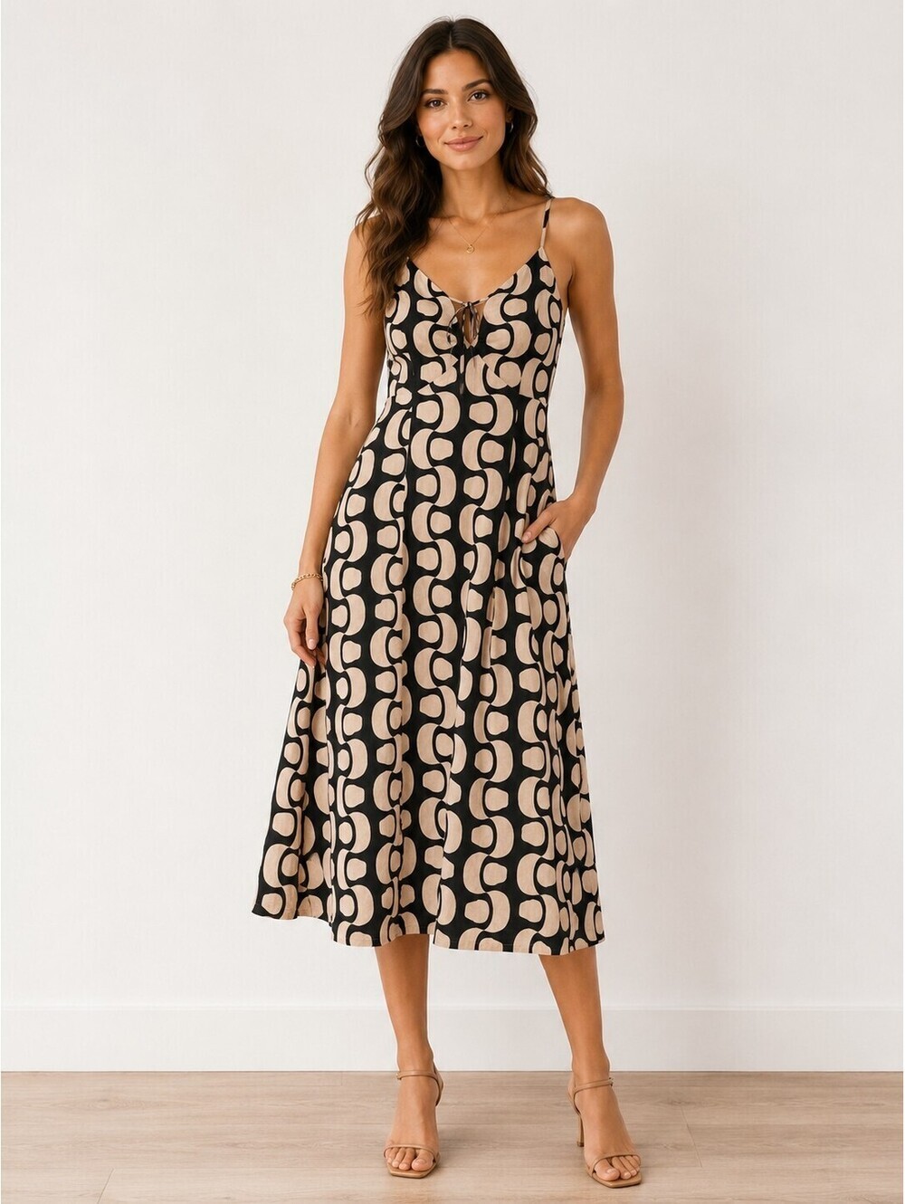ILLA ILLA Abstract Print Midi Dress Beige Black Strappy Fit & Flare Size S